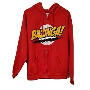 Big Bang Theory Red Bazinga Long Sleeve Zip Up Hoodie Jacket Size LARGE Pockets